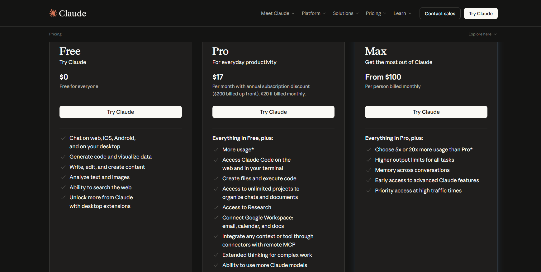 Claude AI Pricing page comparing Free, Pro, and Max plans with monthly costs and features